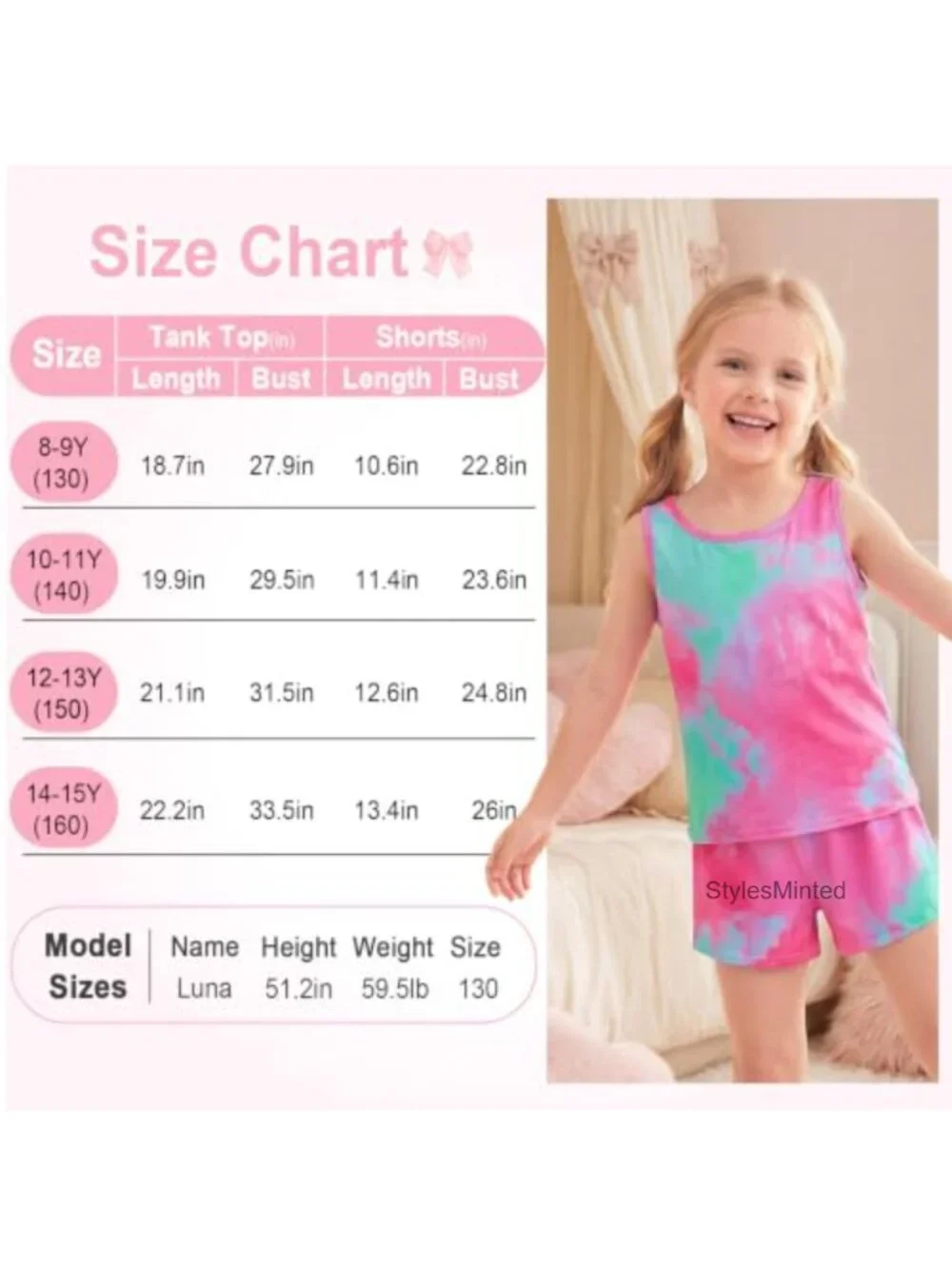 Girls Sleeveless Tank & Shorts Pajama Set, Soft Stretchy Polyester Spandex,